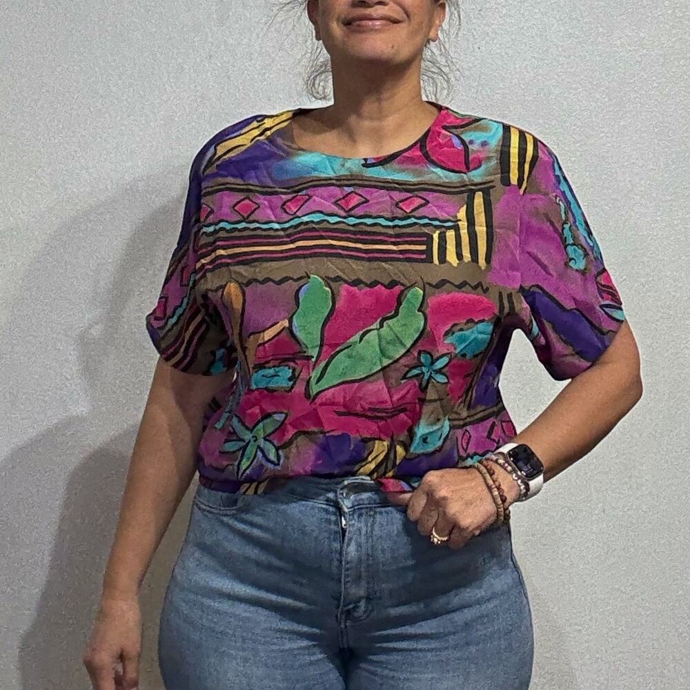 Le Caviar Blue Floral Vintage Blouse Sz L